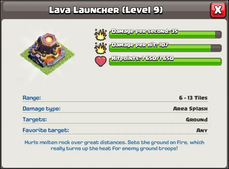 Clash of Clans Lava Launcher Upgrades Cost and Time