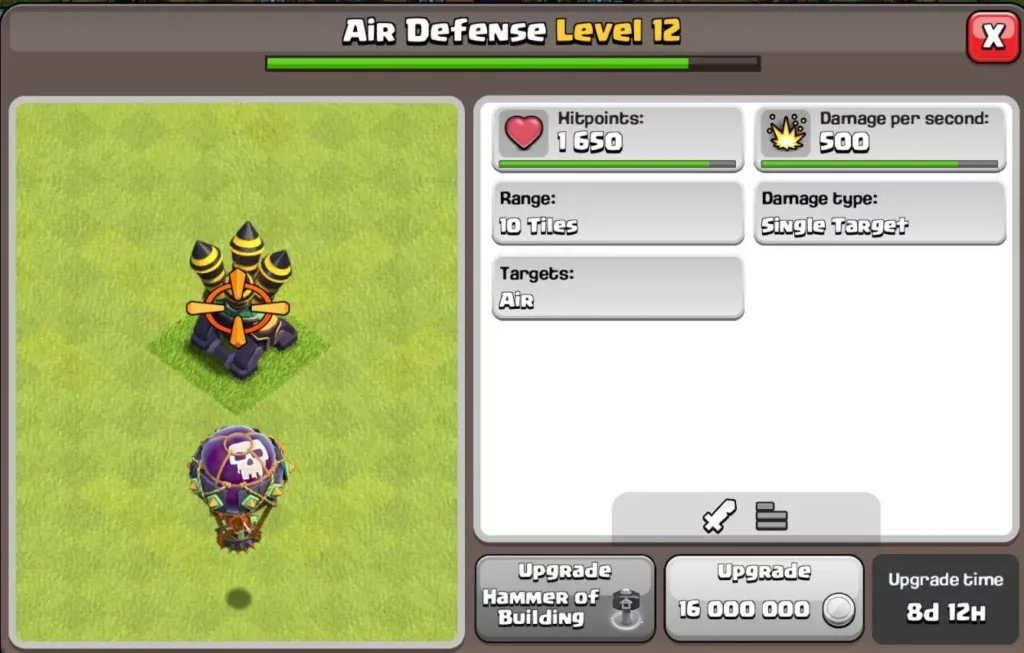Clash of Clans Air Defense maximum levels at each town hall