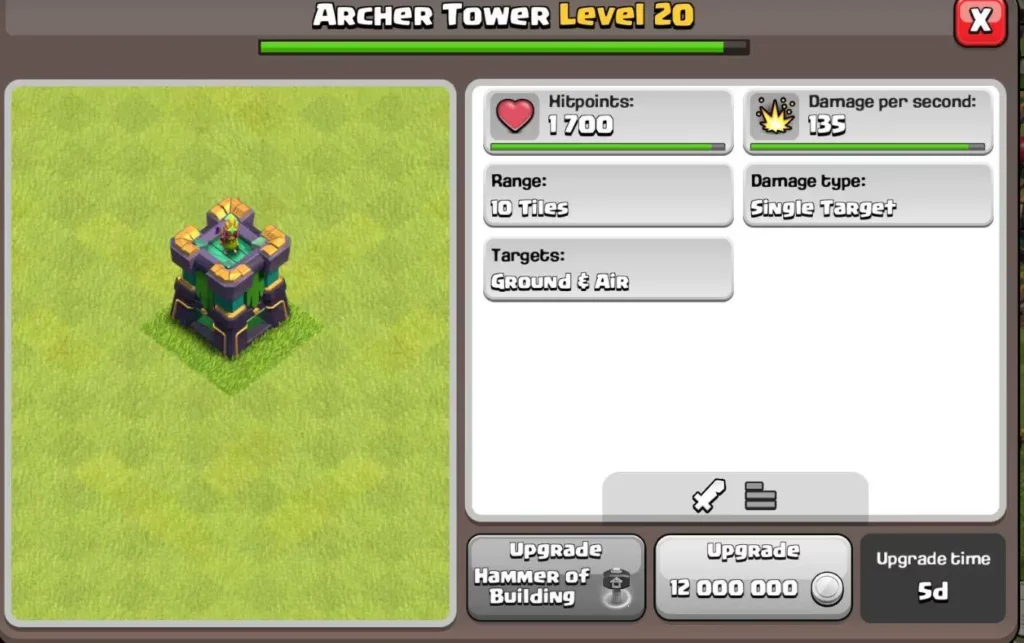 Clash of Clans Max Archer Tower levels at each town hall