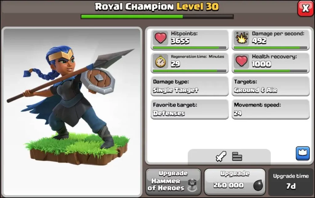 Clash of Clans Royal Champion max levels