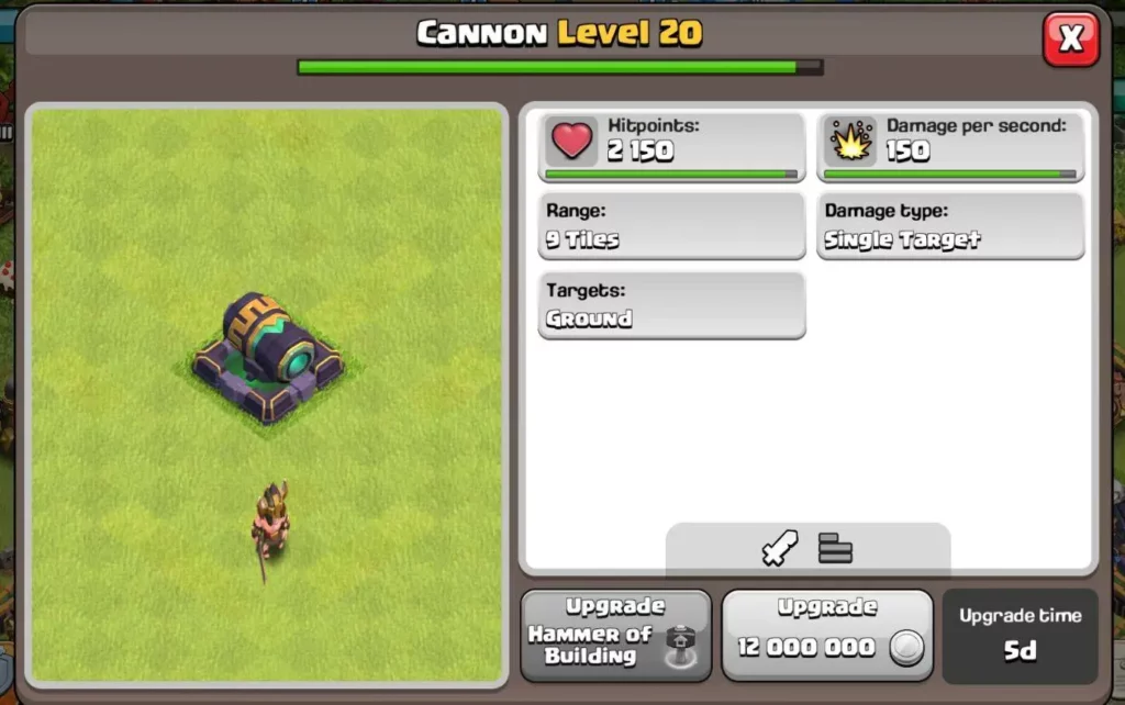 Clash of Clans Cannon Max levels at Town Hall